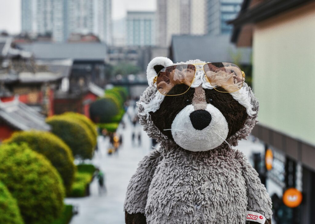 stuffed racoon with sunglasses