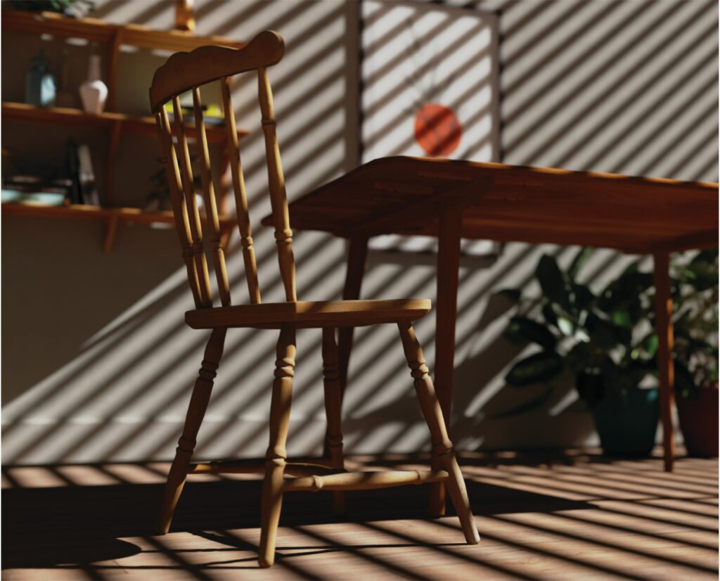 wooden chair and table in striped sunlight from the window. 